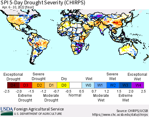 World SPI 5-Day Drought Severity (CHIRPS) Thematic Map For 4/6/2022 - 4/10/2022