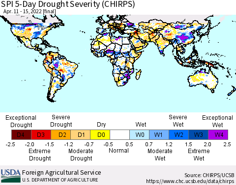 World SPI 5-Day Drought Severity (CHIRPS) Thematic Map For 4/11/2022 - 4/15/2022