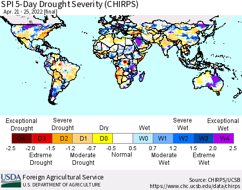 World SPI 5-Day Drought Severity (CHIRPS) Thematic Map For 4/21/2022 - 4/25/2022