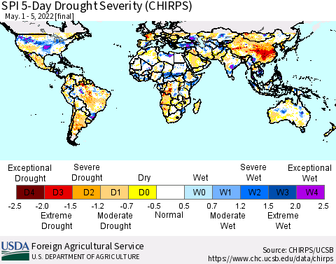 World SPI 5-Day Drought Severity (CHIRPS) Thematic Map For 5/1/2022 - 5/5/2022