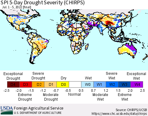 World SPI 5-Day Drought Severity (CHIRPS) Thematic Map For 7/1/2022 - 7/5/2022