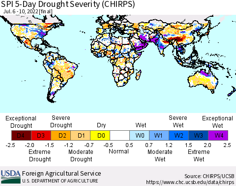 World SPI 5-Day Drought Severity (CHIRPS) Thematic Map For 7/6/2022 - 7/10/2022