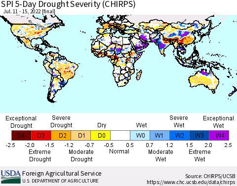 World SPI 5-Day Drought Severity (CHIRPS) Thematic Map For 7/11/2022 - 7/15/2022