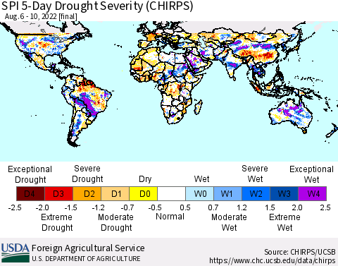 World SPI 5-Day Drought Severity (CHIRPS) Thematic Map For 8/6/2022 - 8/10/2022