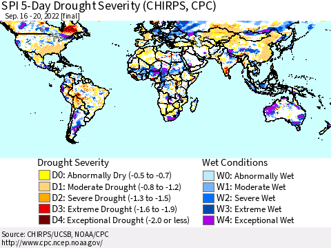 World SPI 5-Day Drought Severity (CHIRPS) Thematic Map For 9/16/2022 - 9/20/2022