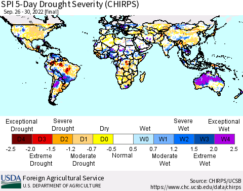 World SPI 5-Day Drought Severity (CHIRPS) Thematic Map For 9/26/2022 - 9/30/2022
