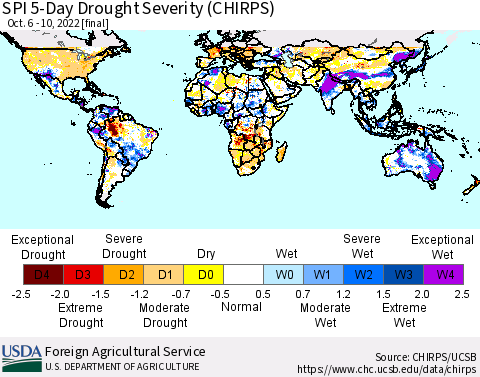 World SPI 5-Day Drought Severity (CHIRPS) Thematic Map For 10/6/2022 - 10/10/2022