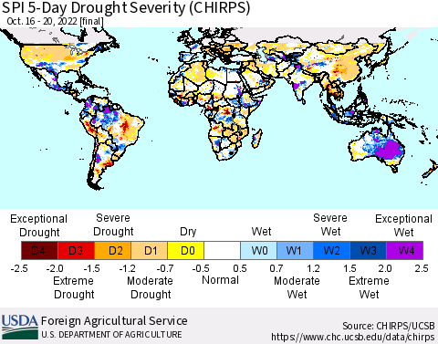 World SPI 5-Day Drought Severity (CHIRPS) Thematic Map For 10/16/2022 - 10/20/2022