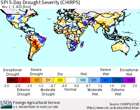 World SPI 5-Day Drought Severity (CHIRPS) Thematic Map For 11/1/2022 - 11/5/2022