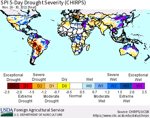 World SPI 5-Day Drought Severity (CHIRPS) Thematic Map For 11/26/2022 - 11/30/2022