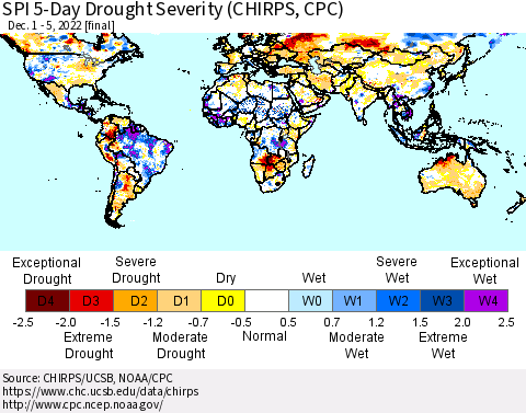 World SPI 5-Day Drought Severity (CHIRPS) Thematic Map For 12/1/2022 - 12/5/2022