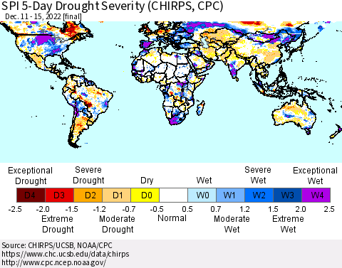World SPI 5-Day Drought Severity (CHIRPS) Thematic Map For 12/11/2022 - 12/15/2022