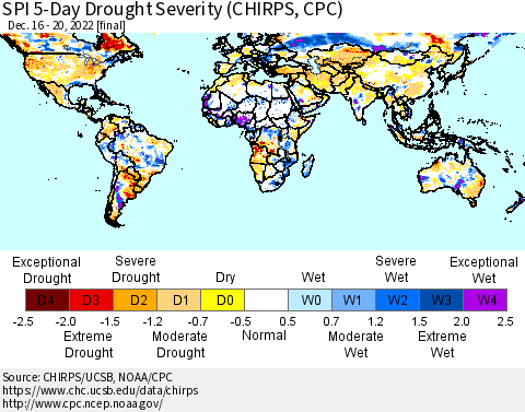 World SPI 5-Day Drought Severity (CHIRPS) Thematic Map For 12/16/2022 - 12/20/2022