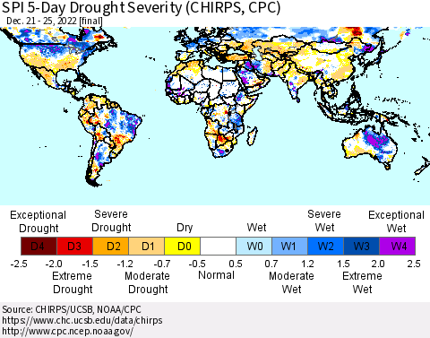 World SPI 5-Day Drought Severity (CHIRPS) Thematic Map For 12/21/2022 - 12/25/2022