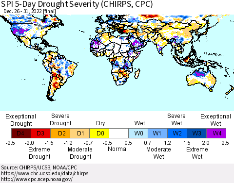 World SPI 5-Day Drought Severity (CHIRPS) Thematic Map For 12/26/2022 - 12/31/2022