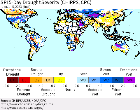 World SPI 5-Day Drought Severity (CHIRPS) Thematic Map For 1/1/2023 - 1/5/2023