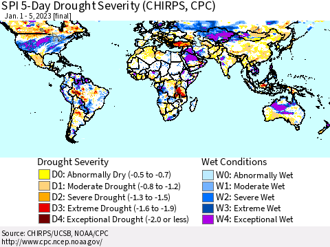 World SPI 5-Day Drought Severity (CHIRPS) Thematic Map For 1/1/2023 - 1/5/2023