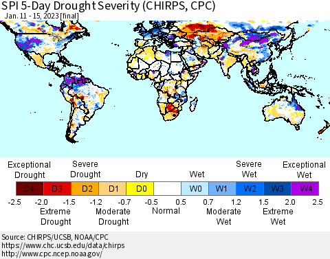 World SPI 5-Day Drought Severity (CHIRPS) Thematic Map For 1/11/2023 - 1/15/2023