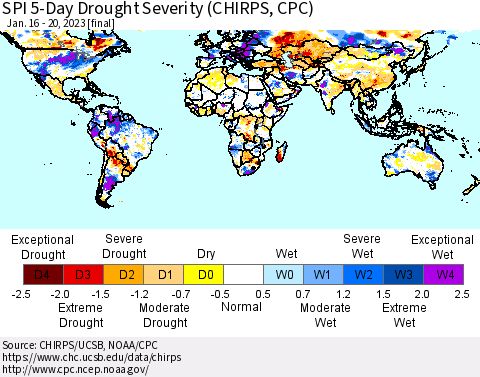 World SPI 5-Day Drought Severity (CHIRPS) Thematic Map For 1/16/2023 - 1/20/2023