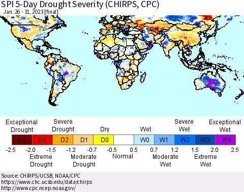 World SPI 5-Day Drought Severity (CHIRPS) Thematic Map For 1/26/2023 - 1/31/2023