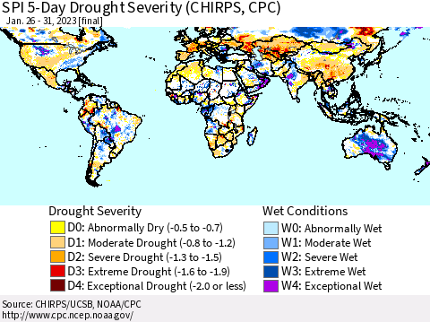 World SPI 5-Day Drought Severity (CHIRPS) Thematic Map For 1/26/2023 - 1/31/2023