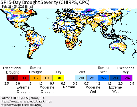 World SPI 5-Day Drought Severity (CHIRPS) Thematic Map For 2/21/2023 - 2/25/2023