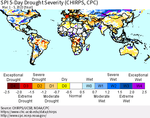 World SPI 5-Day Drought Severity (CHIRPS) Thematic Map For 3/1/2023 - 3/5/2023