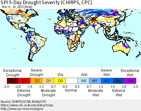 World SPI 5-Day Drought Severity (CHIRPS) Thematic Map For 3/6/2023 - 3/10/2023