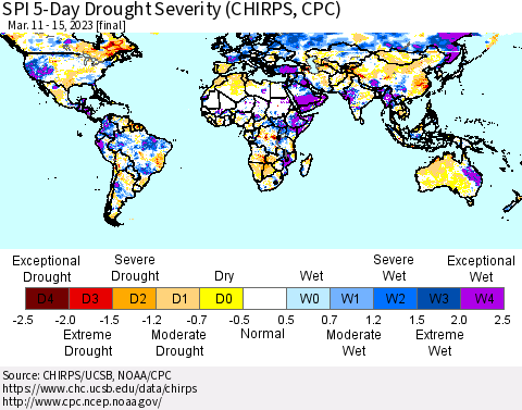 World SPI 5-Day Drought Severity (CHIRPS) Thematic Map For 3/11/2023 - 3/15/2023