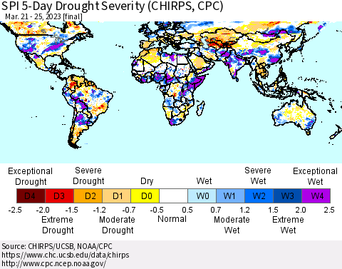 World SPI 5-Day Drought Severity (CHIRPS) Thematic Map For 3/21/2023 - 3/25/2023