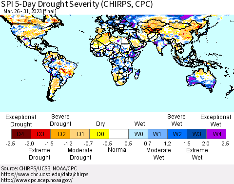 World SPI 5-Day Drought Severity (CHIRPS) Thematic Map For 3/26/2023 - 3/31/2023