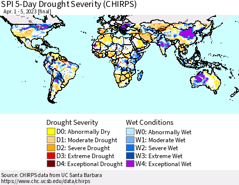 World SPI 5-Day Drought Severity (CHIRPS) Thematic Map For 4/1/2023 - 4/5/2023