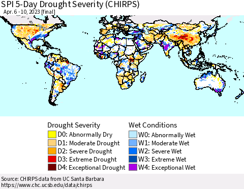World SPI 5-Day Drought Severity (CHIRPS) Thematic Map For 4/6/2023 - 4/10/2023