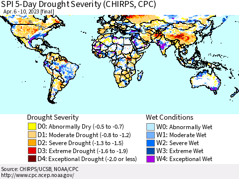 World SPI 5-Day Drought Severity (CHIRPS) Thematic Map For 4/6/2023 - 4/10/2023