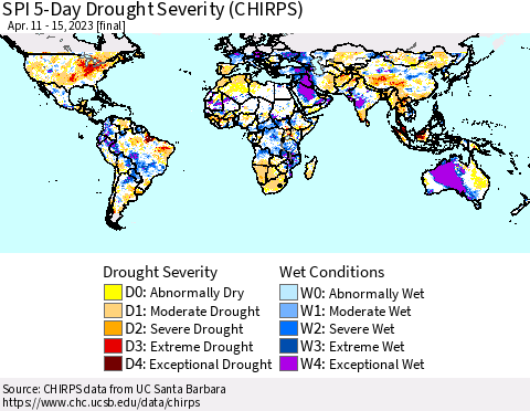 World SPI 5-Day Drought Severity (CHIRPS) Thematic Map For 4/11/2023 - 4/15/2023