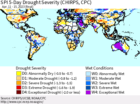 World SPI 5-Day Drought Severity (CHIRPS) Thematic Map For 4/11/2023 - 4/15/2023