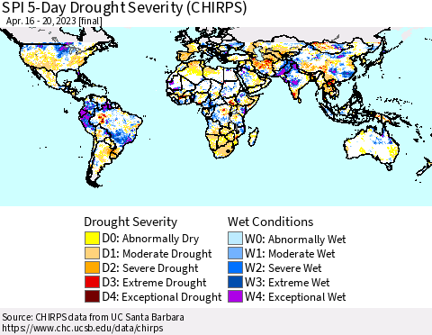 World SPI 5-Day Drought Severity (CHIRPS) Thematic Map For 4/16/2023 - 4/20/2023