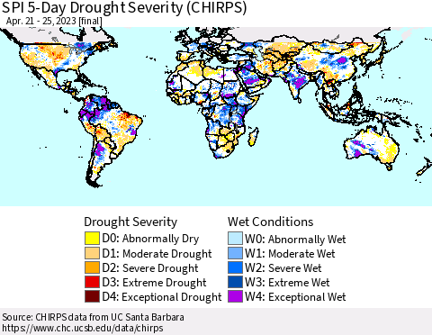 World SPI 5-Day Drought Severity (CHIRPS) Thematic Map For 4/21/2023 - 4/25/2023