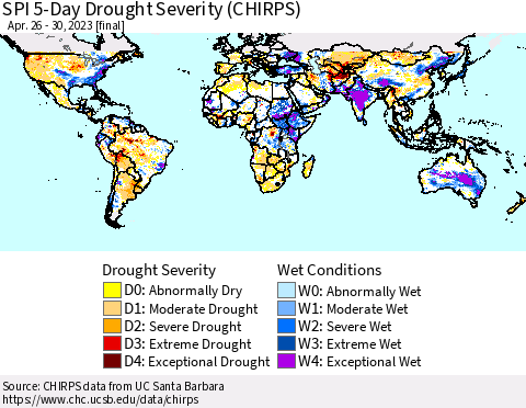 World SPI 5-Day Drought Severity (CHIRPS) Thematic Map For 4/26/2023 - 4/30/2023