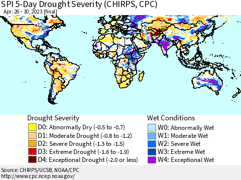 World SPI 5-Day Drought Severity (CHIRPS) Thematic Map For 4/26/2023 - 4/30/2023