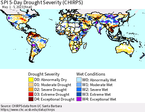 World SPI 5-Day Drought Severity (CHIRPS) Thematic Map For 5/1/2023 - 5/5/2023