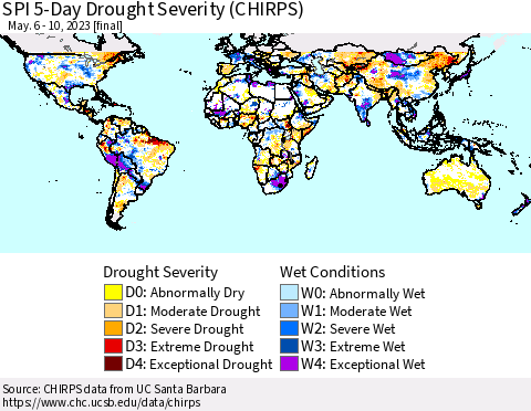 World SPI 5-Day Drought Severity (CHIRPS) Thematic Map For 5/6/2023 - 5/10/2023