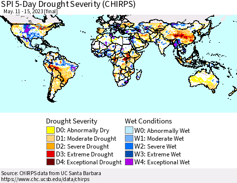 World SPI 5-Day Drought Severity (CHIRPS) Thematic Map For 5/11/2023 - 5/15/2023