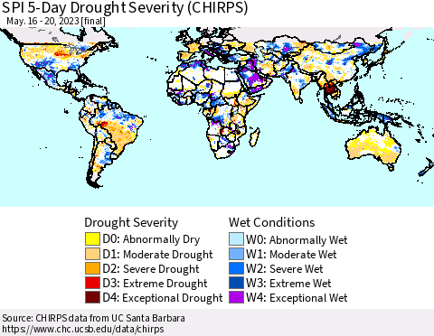World SPI 5-Day Drought Severity (CHIRPS) Thematic Map For 5/16/2023 - 5/20/2023