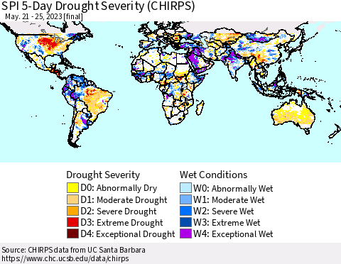 World SPI 5-Day Drought Severity (CHIRPS) Thematic Map For 5/21/2023 - 5/25/2023