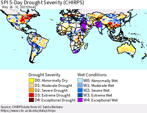 World SPI 5-Day Drought Severity (CHIRPS) Thematic Map For 5/26/2023 - 5/31/2023
