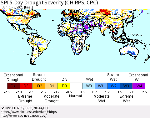 World SPI 5-Day Drought Severity (CHIRPS) Thematic Map For 6/1/2023 - 6/5/2023