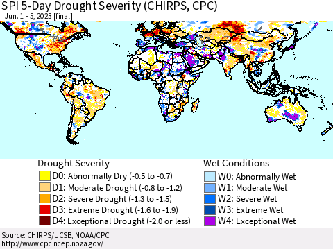 World SPI 5-Day Drought Severity (CHIRPS) Thematic Map For 6/1/2023 - 6/5/2023