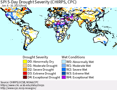 World SPI 5-Day Drought Severity (CHIRPS) Thematic Map For 6/6/2023 - 6/10/2023