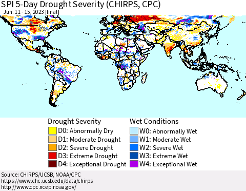 World SPI 5-Day Drought Severity (CHIRPS) Thematic Map For 6/11/2023 - 6/15/2023